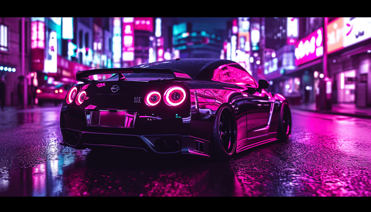 AI generated: dark purple nissan skyline gtr in a neon city at night, shot with a sony mirrorless, 35mm, photograp...