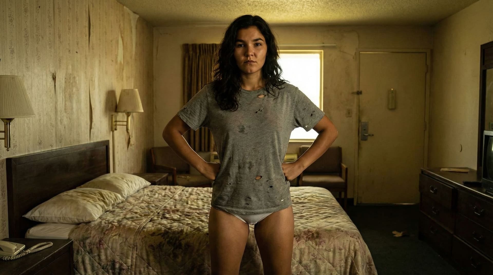 AI generated: In a very cheap looking motel room. One beautiful brunette girl with a tan and brown eyes is standin...