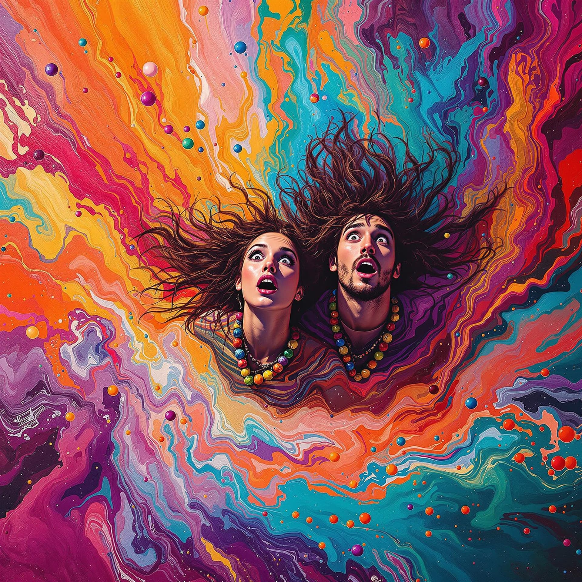 AI generated: artistic, water painting style, art piece showing a young male and female long haired Hippies with s...