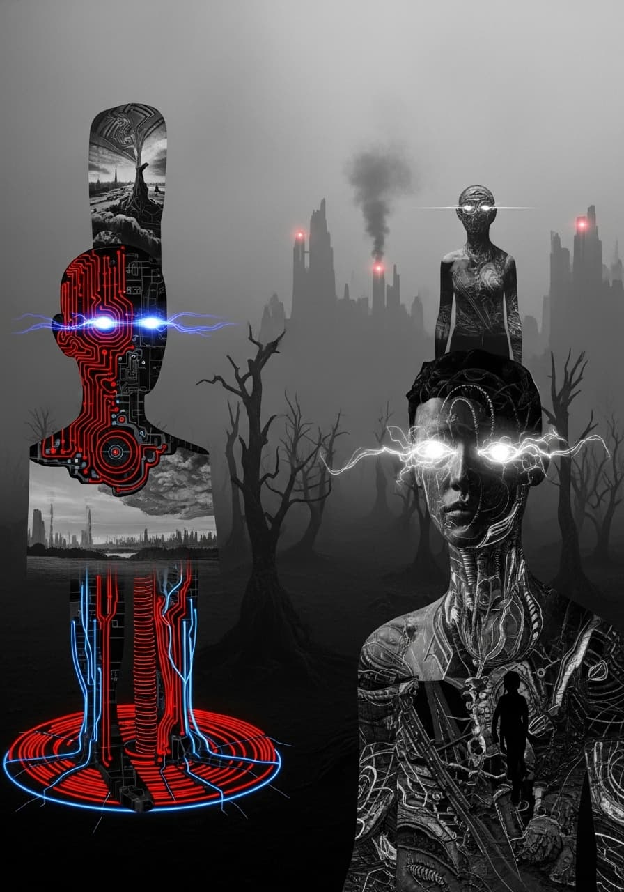 AI generated: random Sci-fi, dystopian images, minimal, (haunting, moody, bleak), (Hannah Höch),  (Mikalojus Konst...