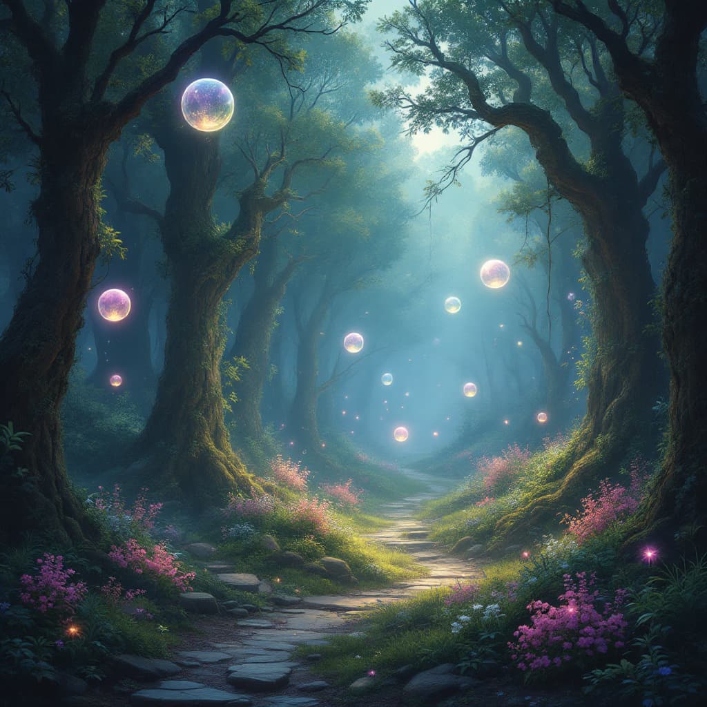 AI generated: A mystical forest in a fantasy style, with ethereal glowing light, featuring floating magical orbs