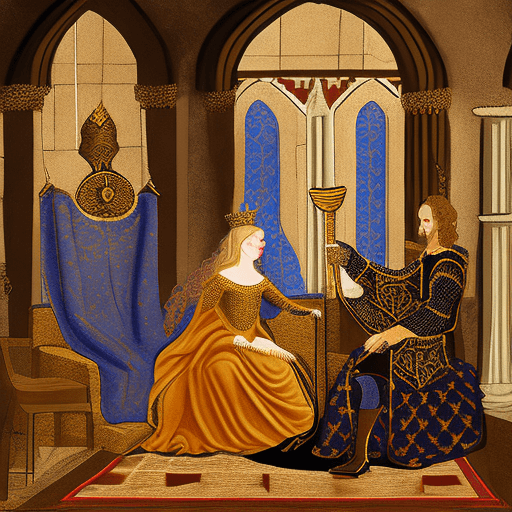 AI generated: Middle Ages A king and queen on their throne, facing each other. The queen has curly blond hair and ...