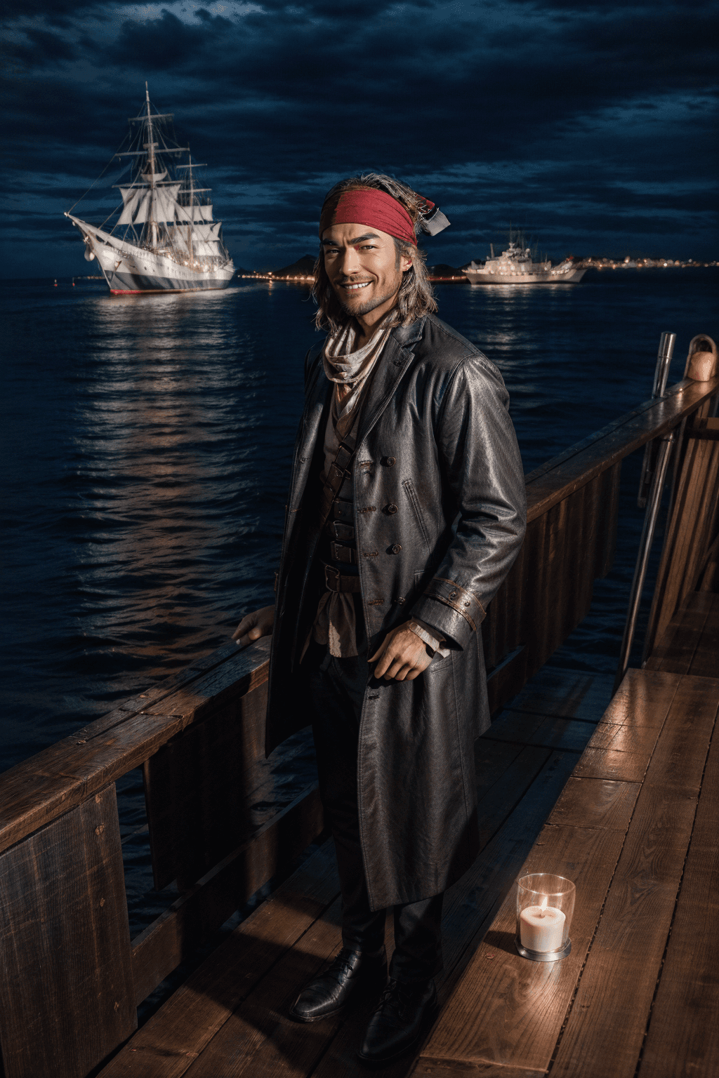 AI generated:  Head to toe image ,old pirate male standing on deck of vessel ,grinning,black bandana on head, foot...