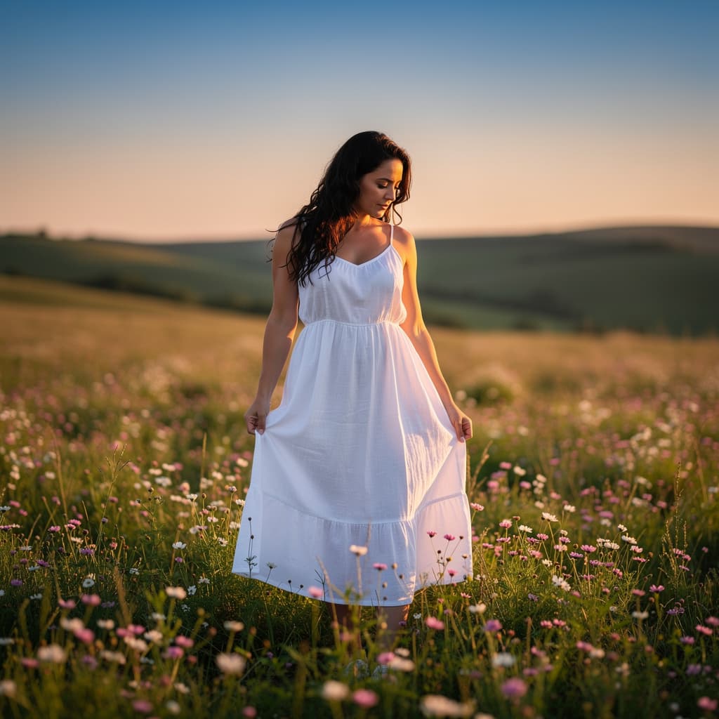 AI generated: A fit adult woman in a white sleeveless dress stands amidst a lush green field dotted with pink and ...