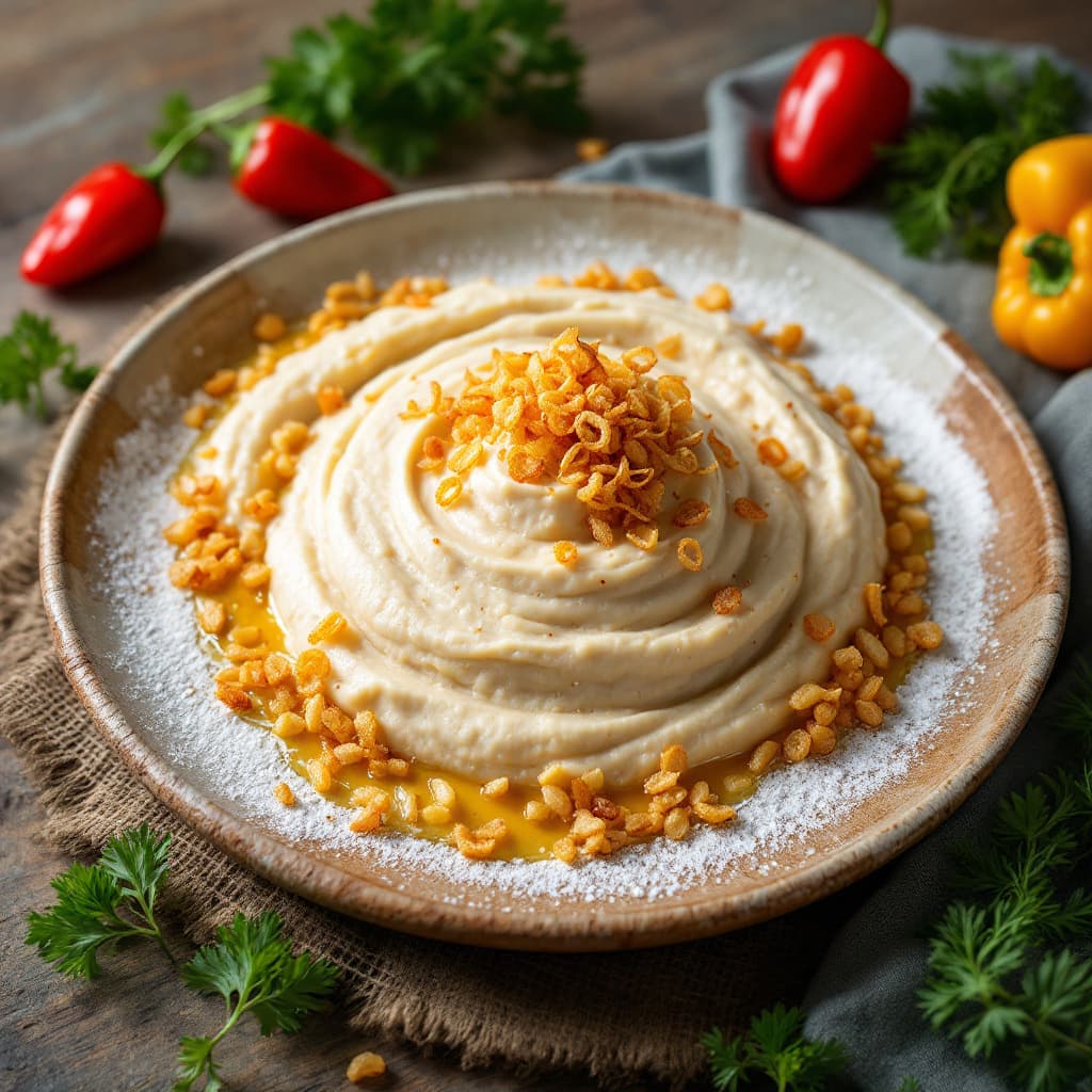AI generated: Visually stunning and mouthwatering photograph of a beautifully presented white bean purée. A sphere...