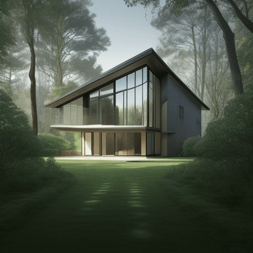 AI generated: Award-winning masterpiece, one floor luxury simple house , in the forest , sounded by trees , big ga...