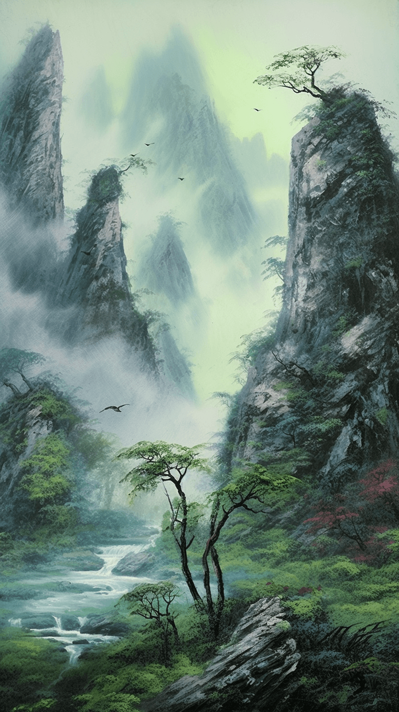 AI generated: An impressionistic design, Chinese mountain, dreamlike atmosphere, shaded by soft pastel natural lig...