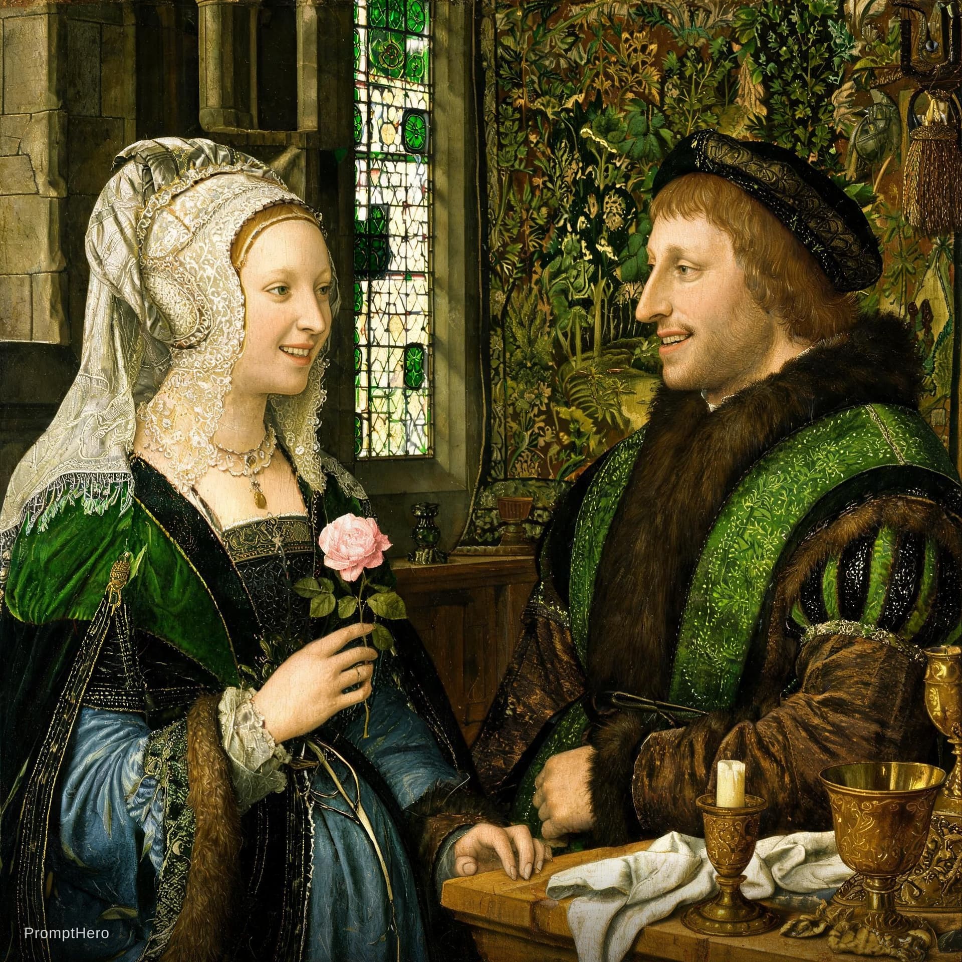AI generated: a painting of a happy couple talking, woman holding a flower in her hand, in the style of jan van ey...