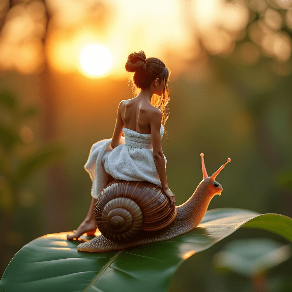 AI generated: Photograph of a miniature woman, wearing a towel, riding a large snail into the sunset, on a large l...
