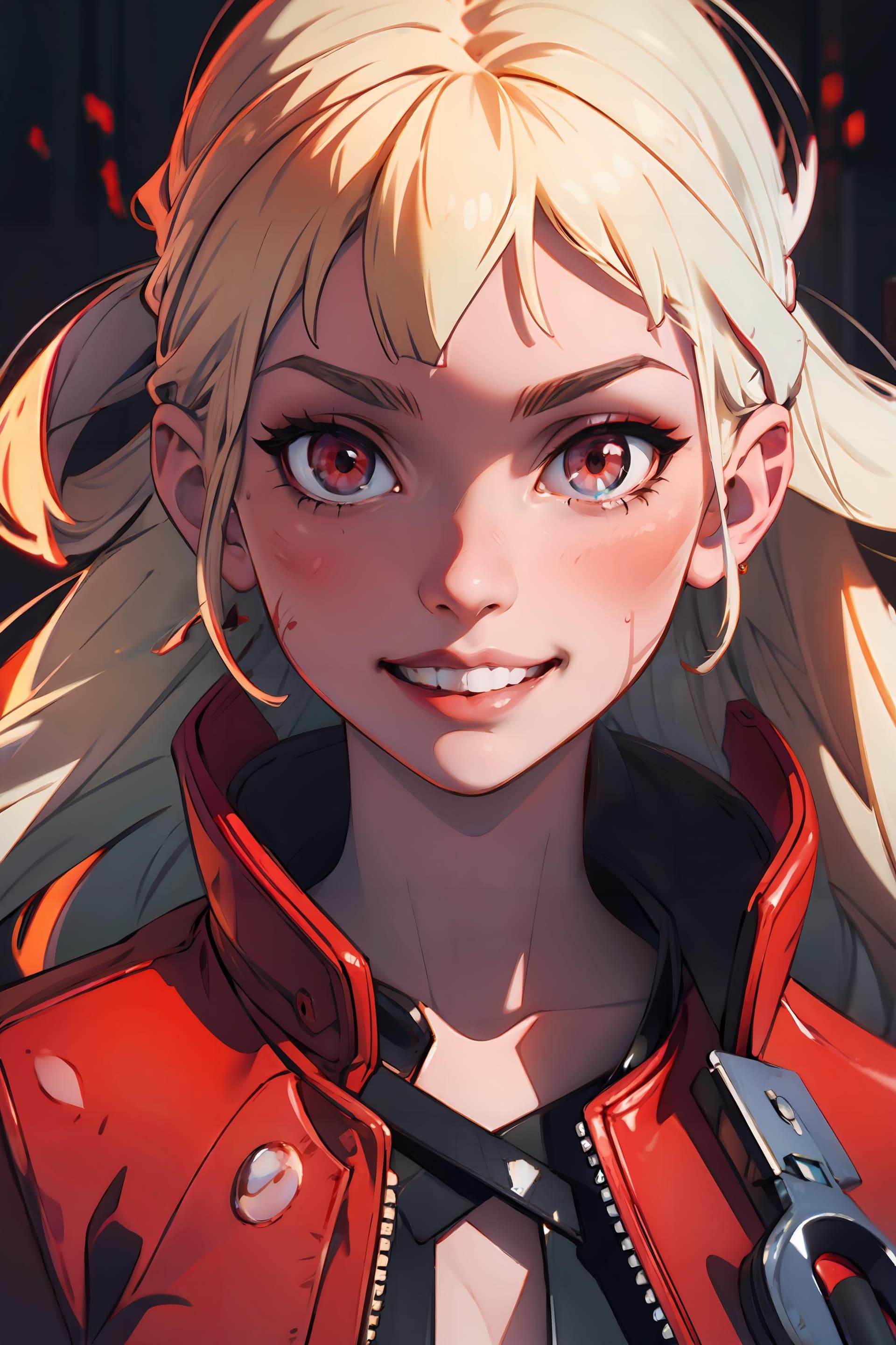AI generated: ((perfectly centered)) (((portrait))) of a beautiful (((blonde serial killer))) (((covered in blood)...