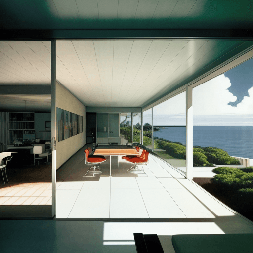 AI generated: Hyper realistic eye level exterior photo of a mid century modern style house overlooking the ocean, ...