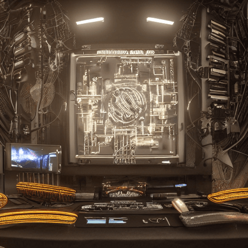 AI generated: complex portrait of a cyberpunk round computer, over a table, leds, black plastic, symmetrical, frac...