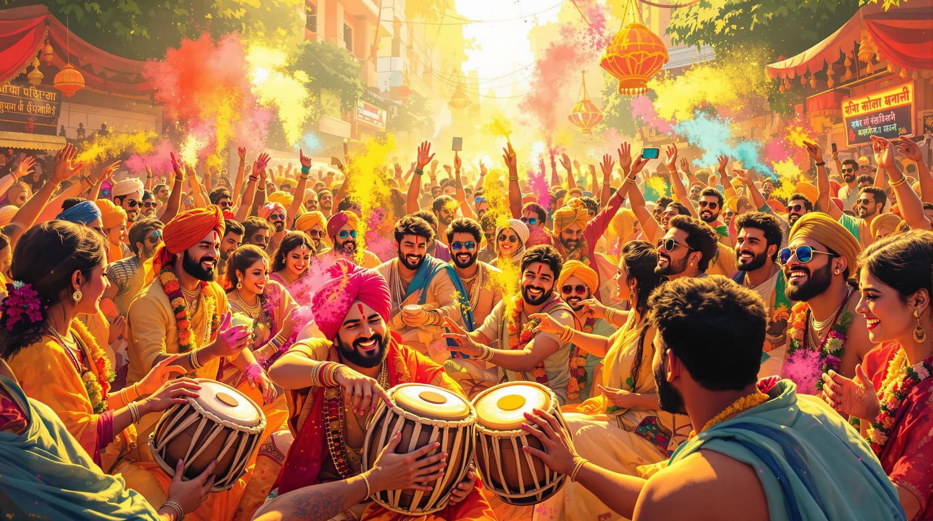 AI generated: "An energetic festival scene in a vibrant illustration style, featuring a diverse crowd of devotees ...