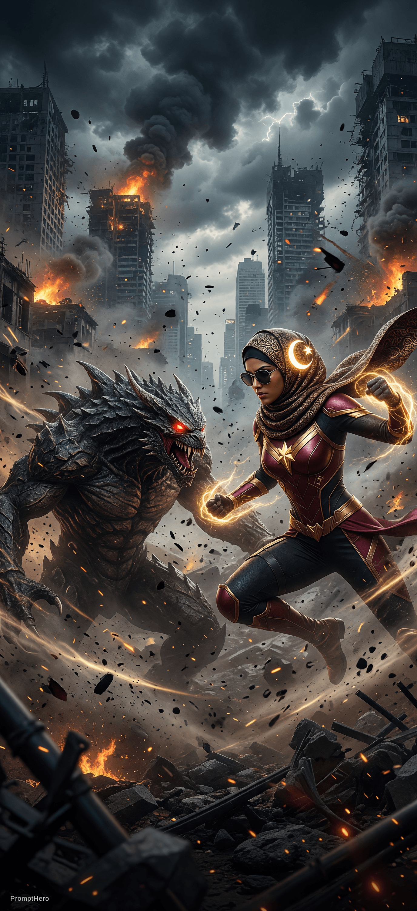 AI generated: Illustration portrait, super hero woman, fight, monster, epic, cinematic.
epic detailed background,...