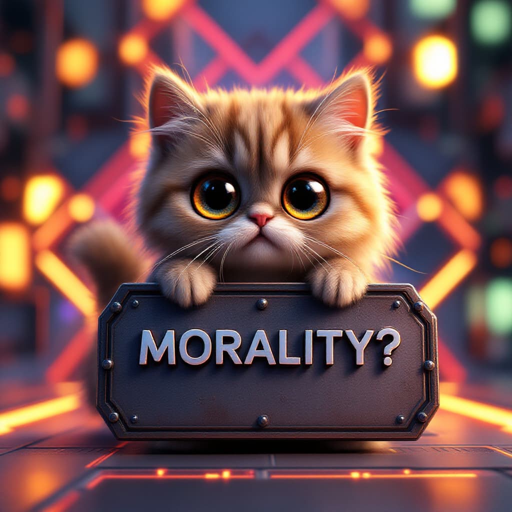 AI generated: 3d Image Pixar Style, cute persian cat  with huge eyes, nervous eyes, holding a Flat lay mockup of [...