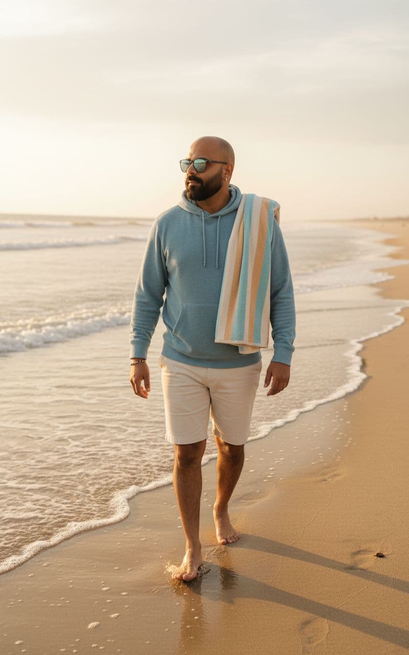 AI generated: Subject: A relaxed late-20s man. Clothing: Light blue terry cloth hoodie, tailored cream-colored sho...