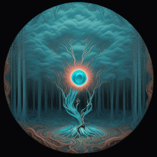 AI generated: surrealist rendering of a large circle of a person above a tree in an image, in the style of vibrant...