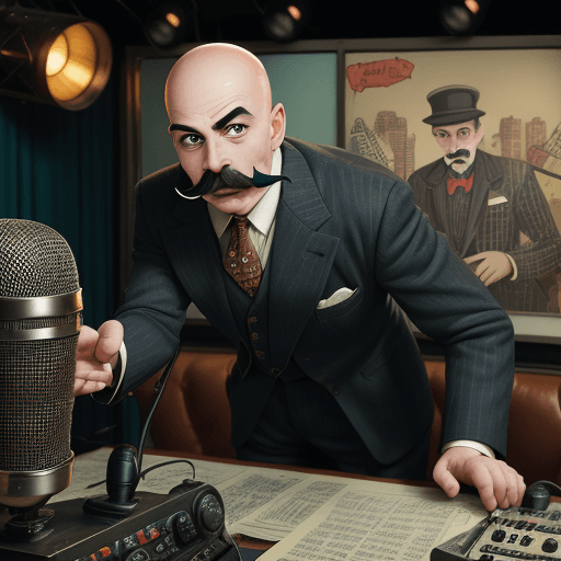 AI generated: a man in a suit, bald, mustaches, nervous, banging on the table and ranting fiercely into a micropho...