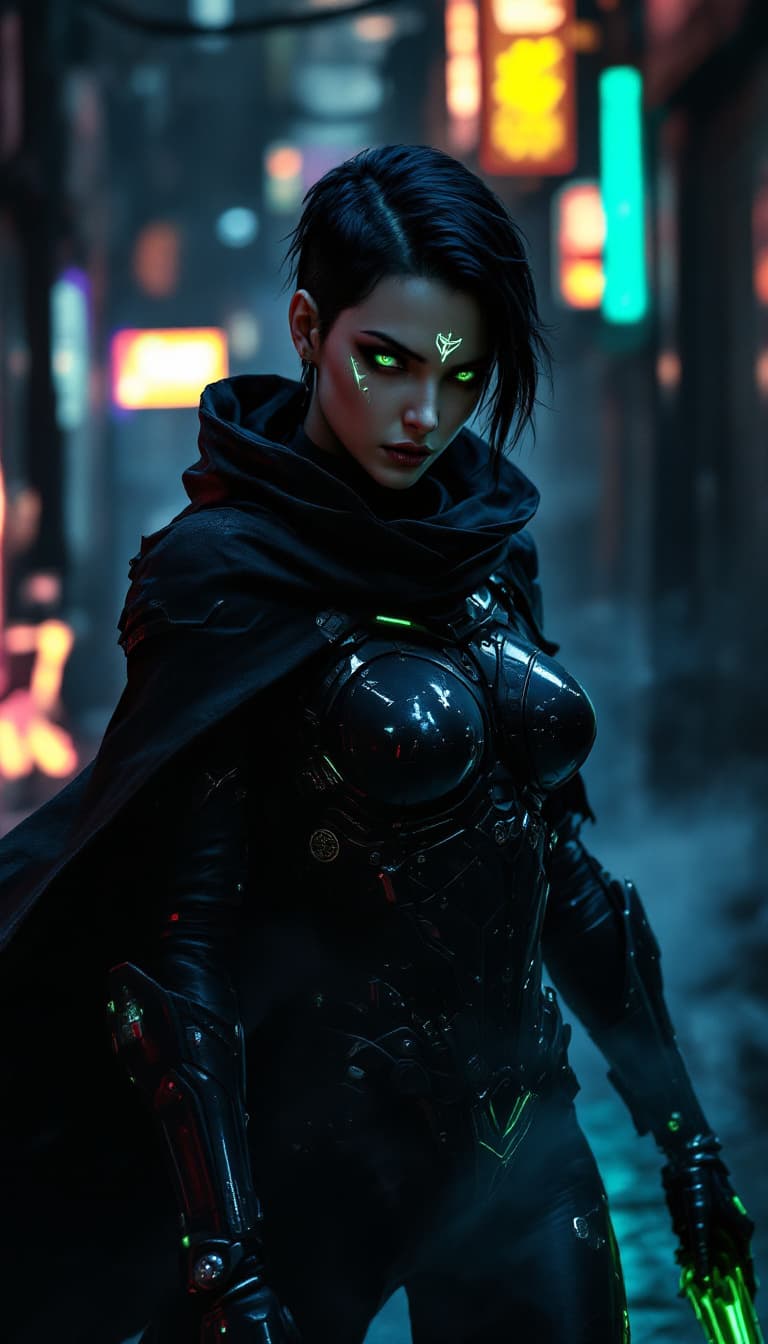 AI generated: A cinematic digital artwork featuring a cunning, female underworld assassin in a stealthy yet intimi...