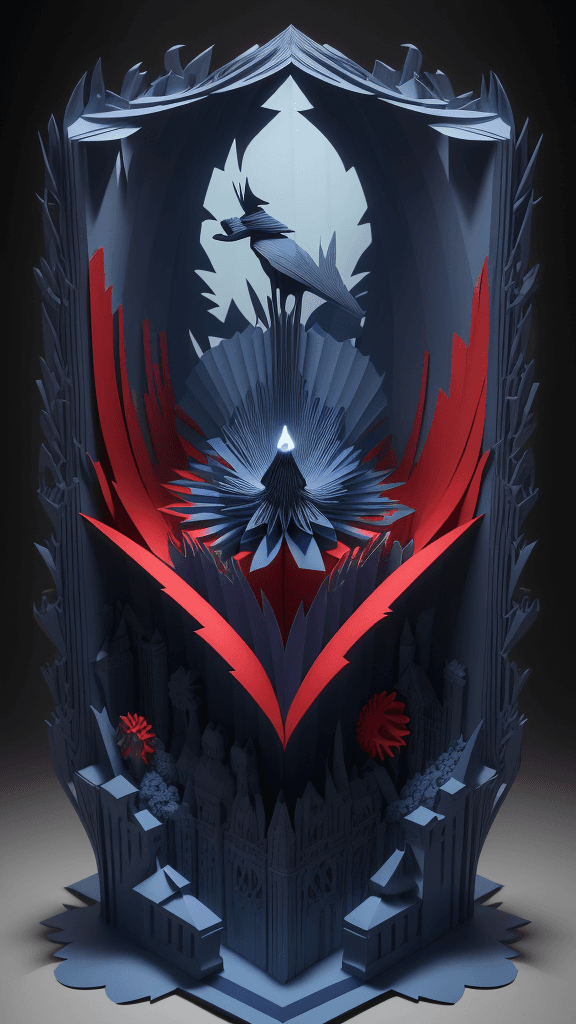 AI generated: a mesmerizing Dark navy blue, bright scarlet red, & light lemon yellow open book 3D paper cut art th...