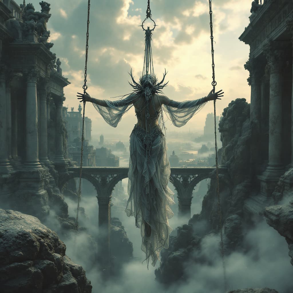 AI generated: Goddess farr away shot, suspended bondage, tight rope bondage intricate artwork . octane render, tre...