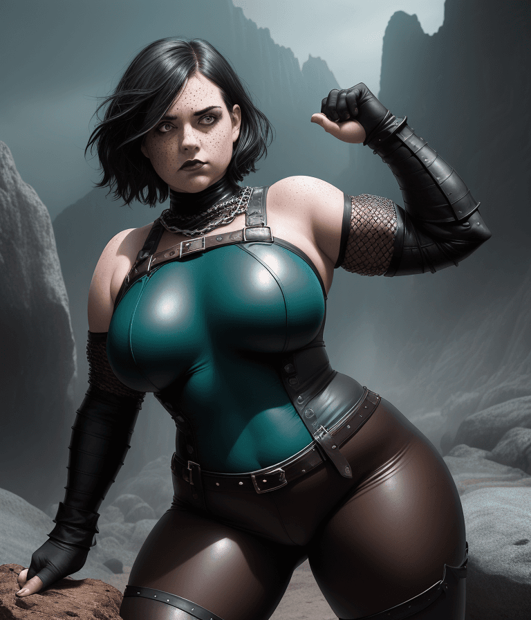 AI generated: It is D&D world, dynamic pose, girl, chubby, she has short length black hair and teal highlights, Sc...