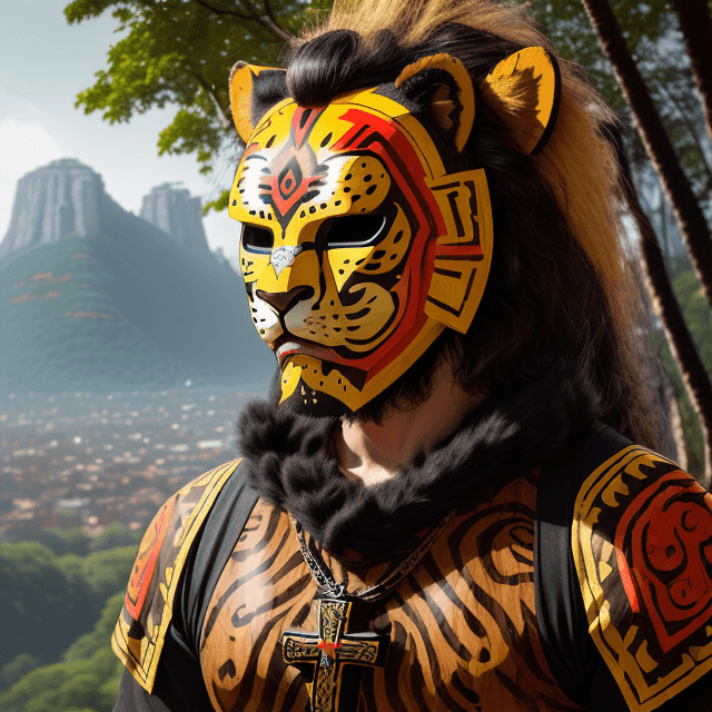AI generated: man with jaguar warrior helmet mask with jaguar-style and abundant hair, wooden mask, fine wood deta...