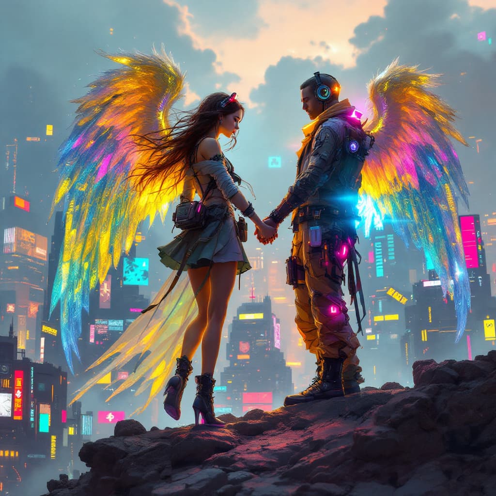 AI generated: Beautiful cyber punk angel holding hands with a human girl dressed in cyberpunk clothes above a cybe...