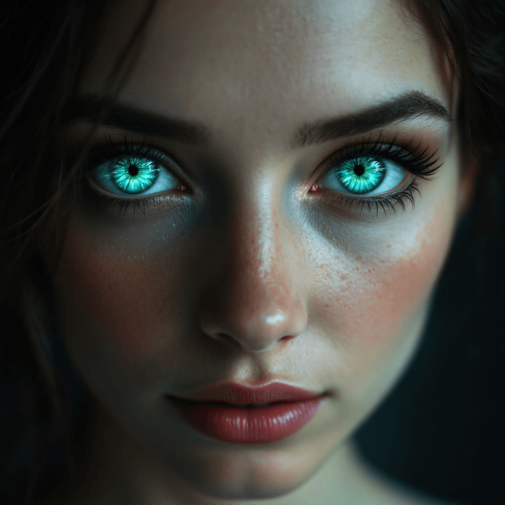 AI generated: Woman's portrait: her eyes are abstract portals into her soul, showing a constant flux of emotional ...