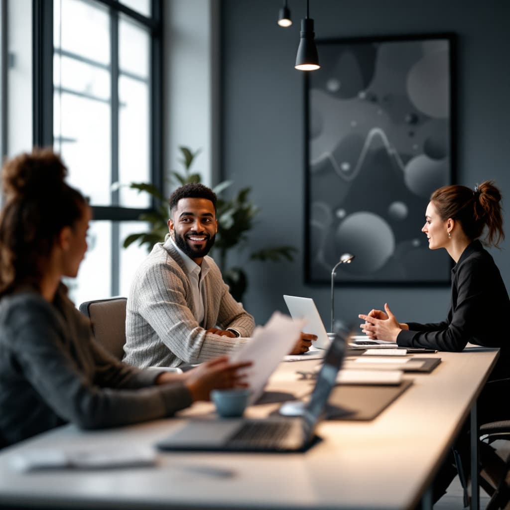 AI generated:  4 people speach at table In a modern marketing office with a sleek and elegant design 