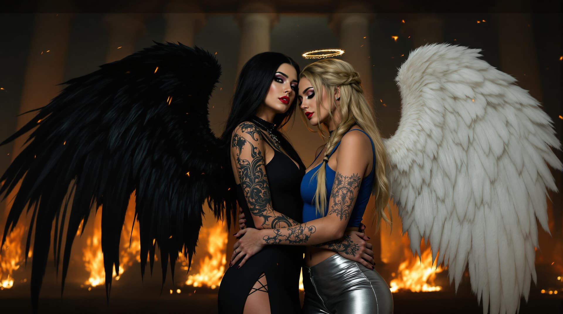 AI generated: a dramatic and intimate scene of two women embracing, set against a backdrop of a burning building w...