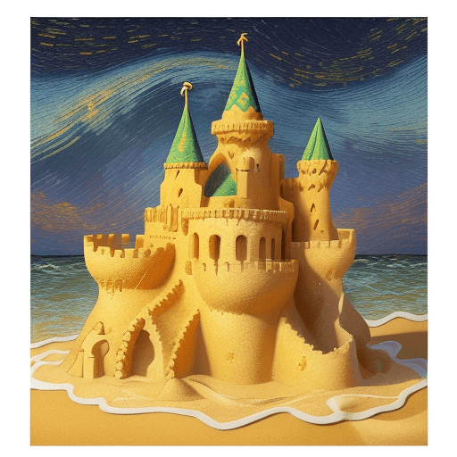AI generated: A stunning illustration inspired by Vincent Van Gogh's distinctive style, depicting a sandcastle on ...