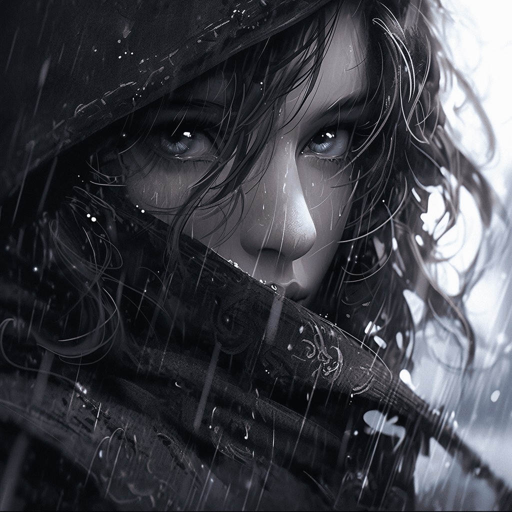 AI generated: black and white photo of girl with water droplets, in the style of daz3d, captivating gaze, realisti...