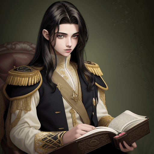AI generated: young prince of 18 years with dark hair with streaks and yellowish-green eyes with a book in hand th...