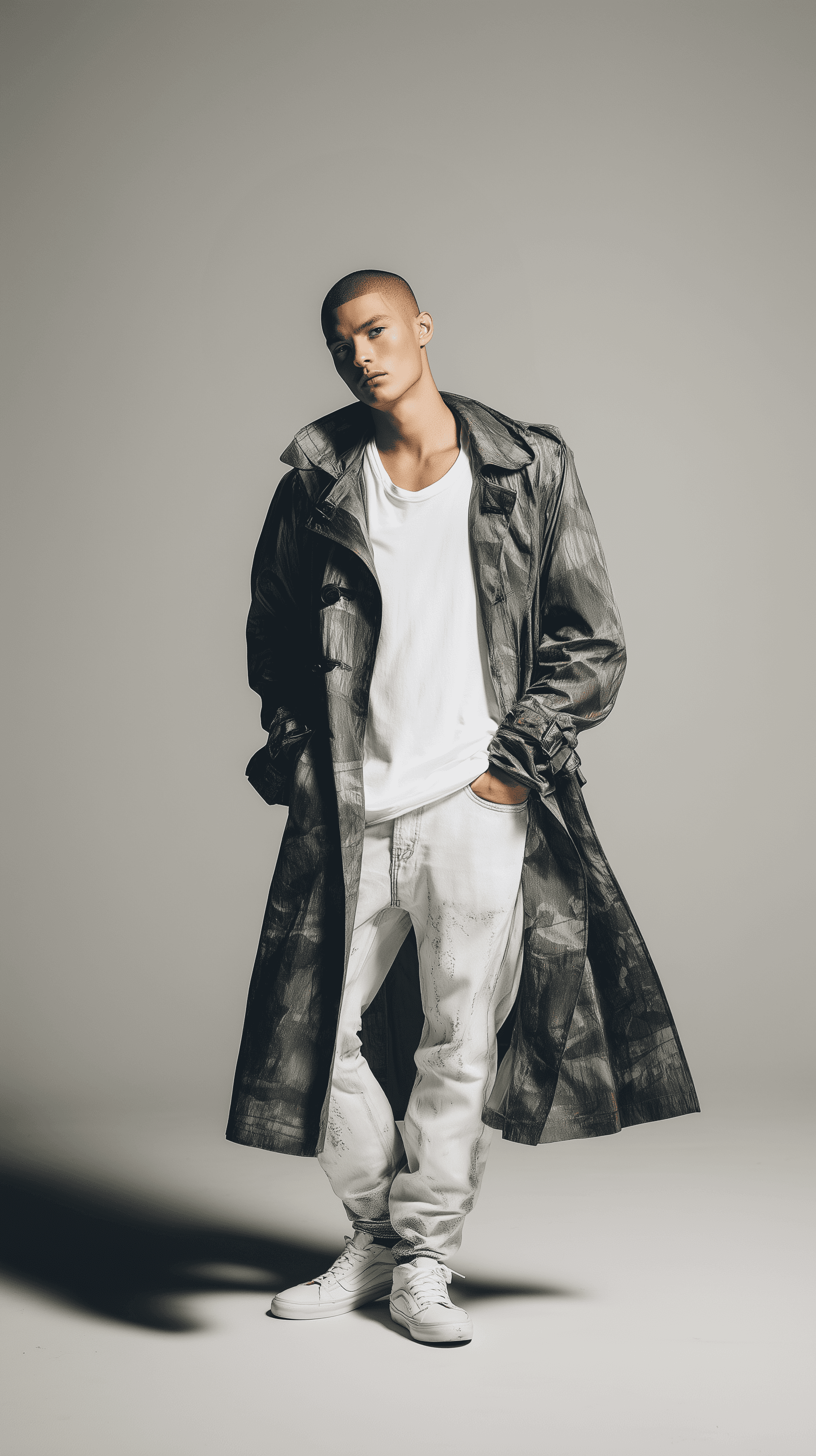 AI generated: photography, full-body, lookbook, wearing a white T-shirt on camouflage pattern trench coat with was...