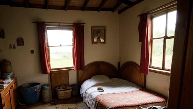 AI generated: Interior view of a humble Colombian ranch, showcasing old and ancient items, poverty evident through...