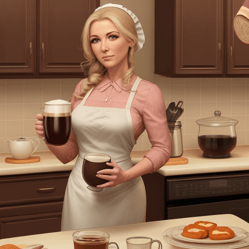 AI generated: Sophia Parker from the game a wife and mother in the kitchen with a cup of coffee