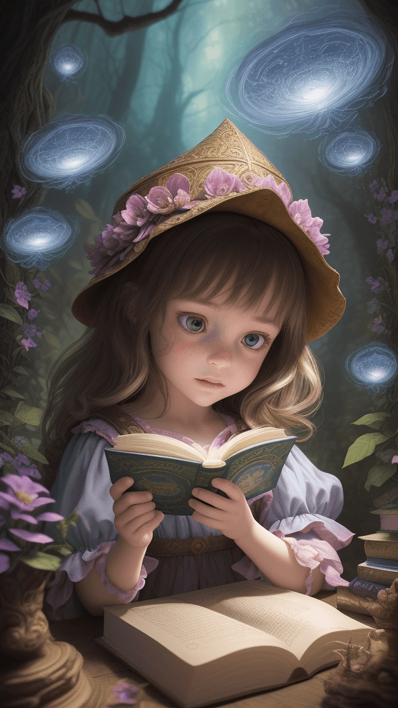 AI generated: "Enchanted Explorations" - Generate a mesmerizing and highly detailed scene of a little girl engross...