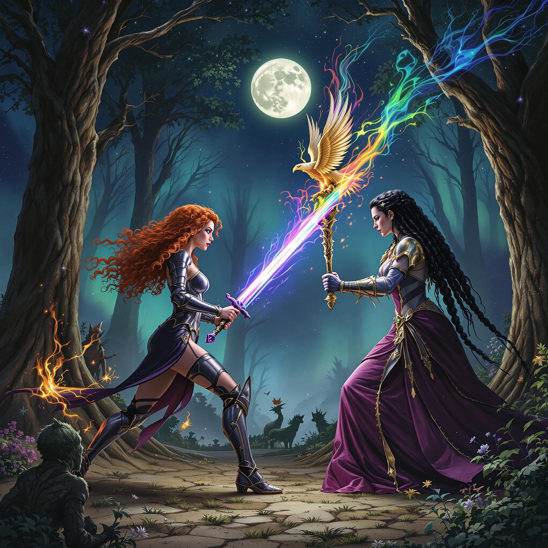 AI generated: A masterpiece fantasy image in the style of alberto vargas, of two princesses dueling to the death. ...