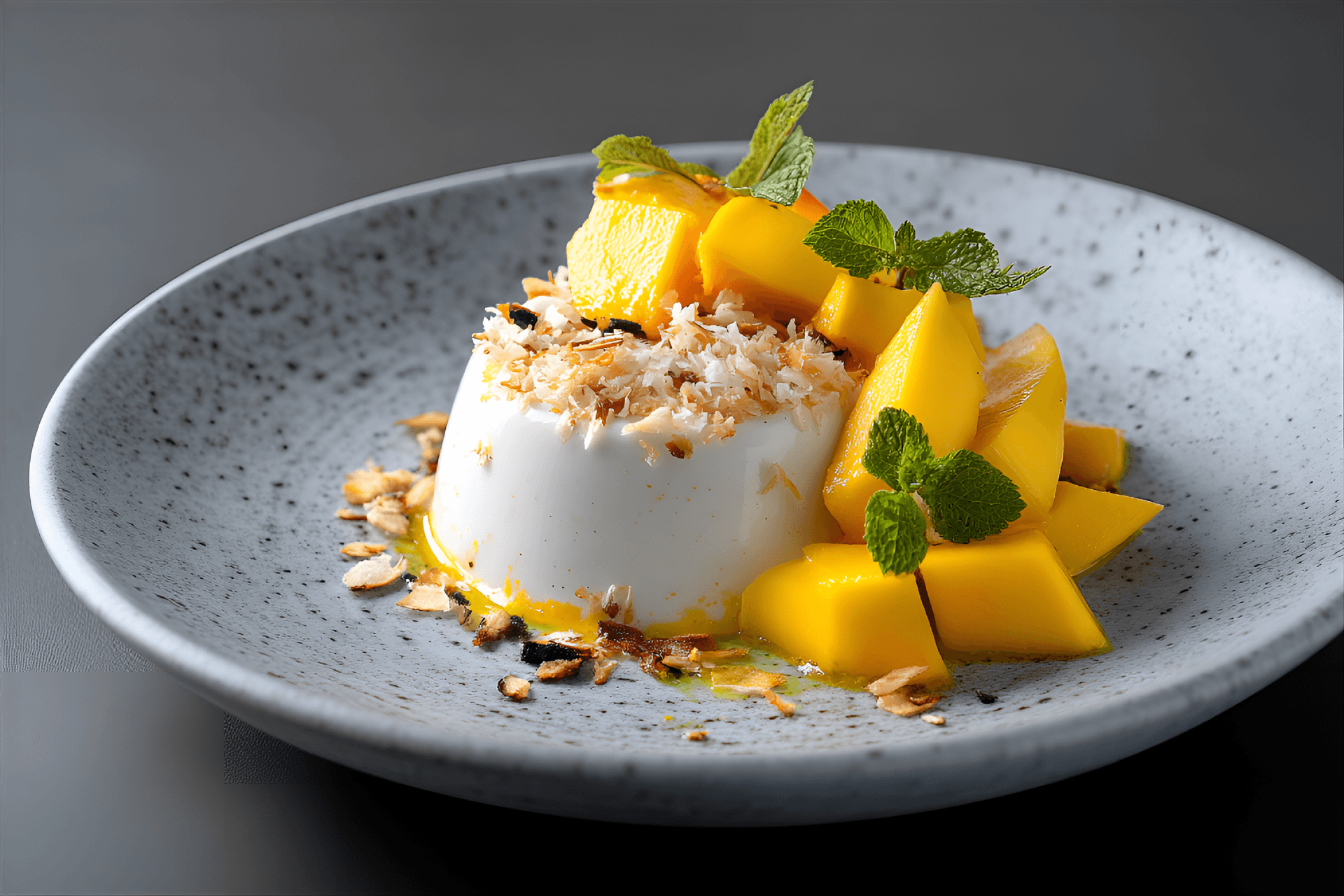 AI generated: top-view capture of an exquisite mango and coconut panna cotta on a modern ceramic plate, garnished ...