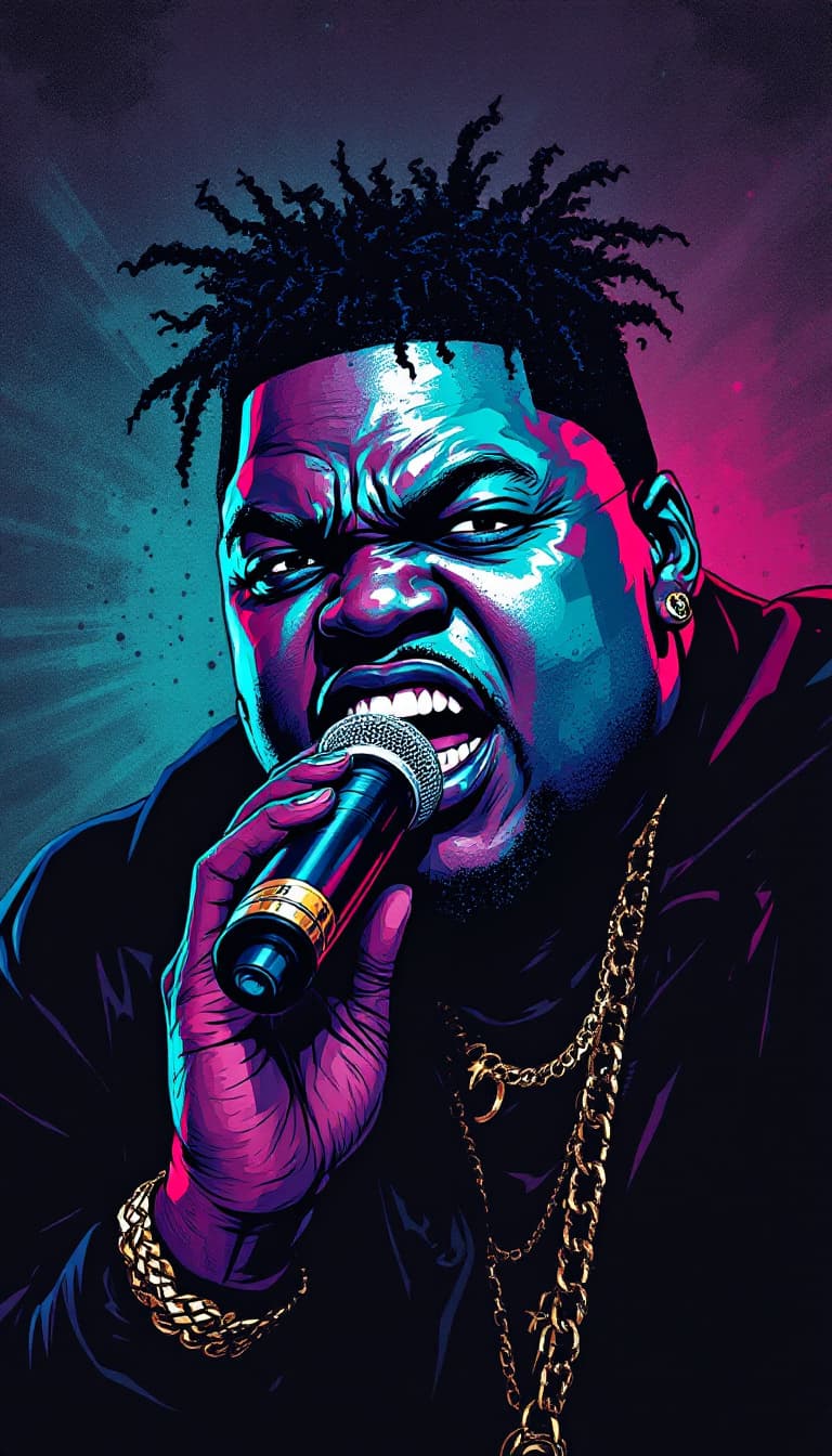 AI generated: biggie smalls rapping pop art anime comic illustration