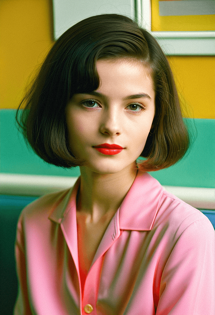 AI generated: (19:1. 3) year old (woman:1. 1) with (brunette:1. 2) hair in a (sleek bob:1. 1), sitting at a (retro...