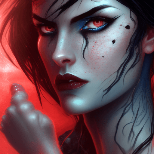 AI generated: swarthy, hyper realistic, female, olive skin, wavy blue-black hair, blue eyes like cracked ice, blac...