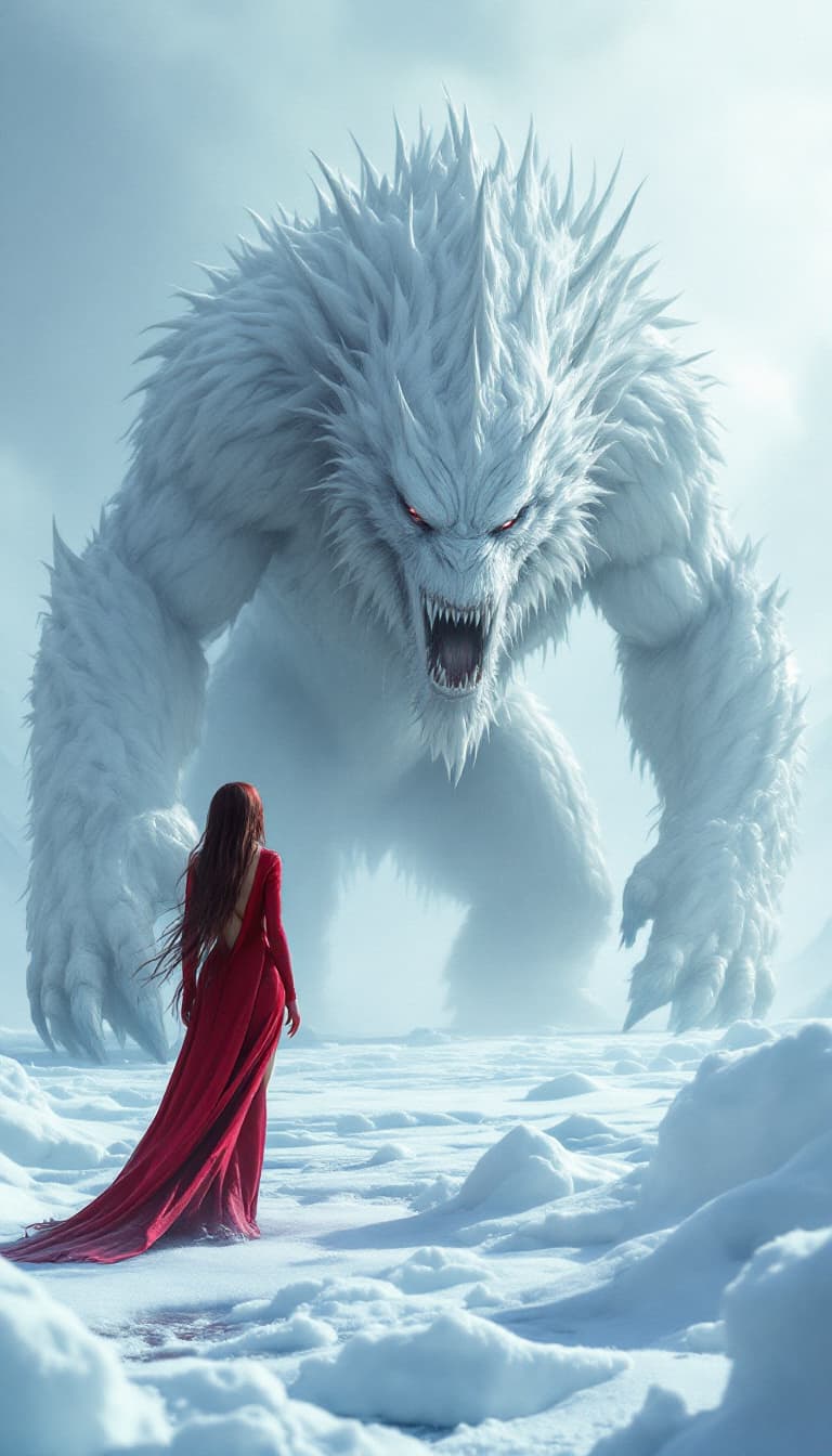 AI generated: an enormous snow monster is standing on the ice, and a cartoon woman, wearing deep v cut red mini dr...