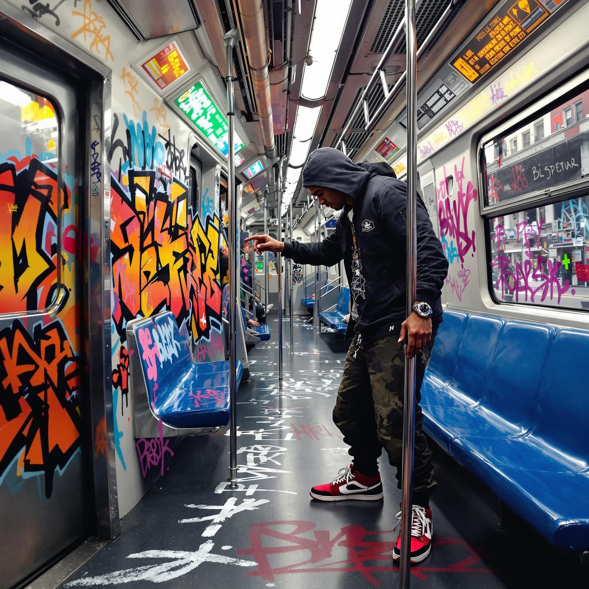 AI generated: graffiti style hip hop character doing graffiti on a train in the Bronx New York 