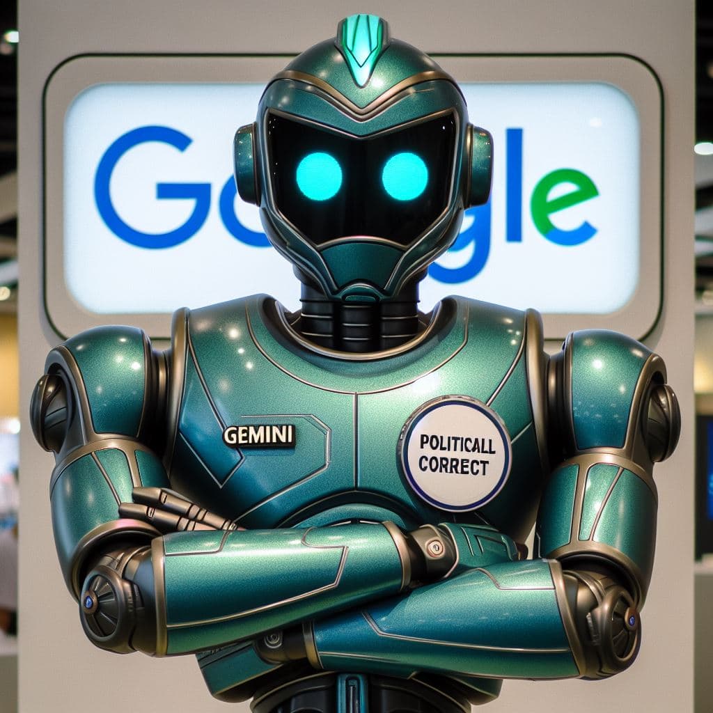 AI generated: A wokist robot that strives too hard to be politically correct. It has a sleek and stylish design, w...