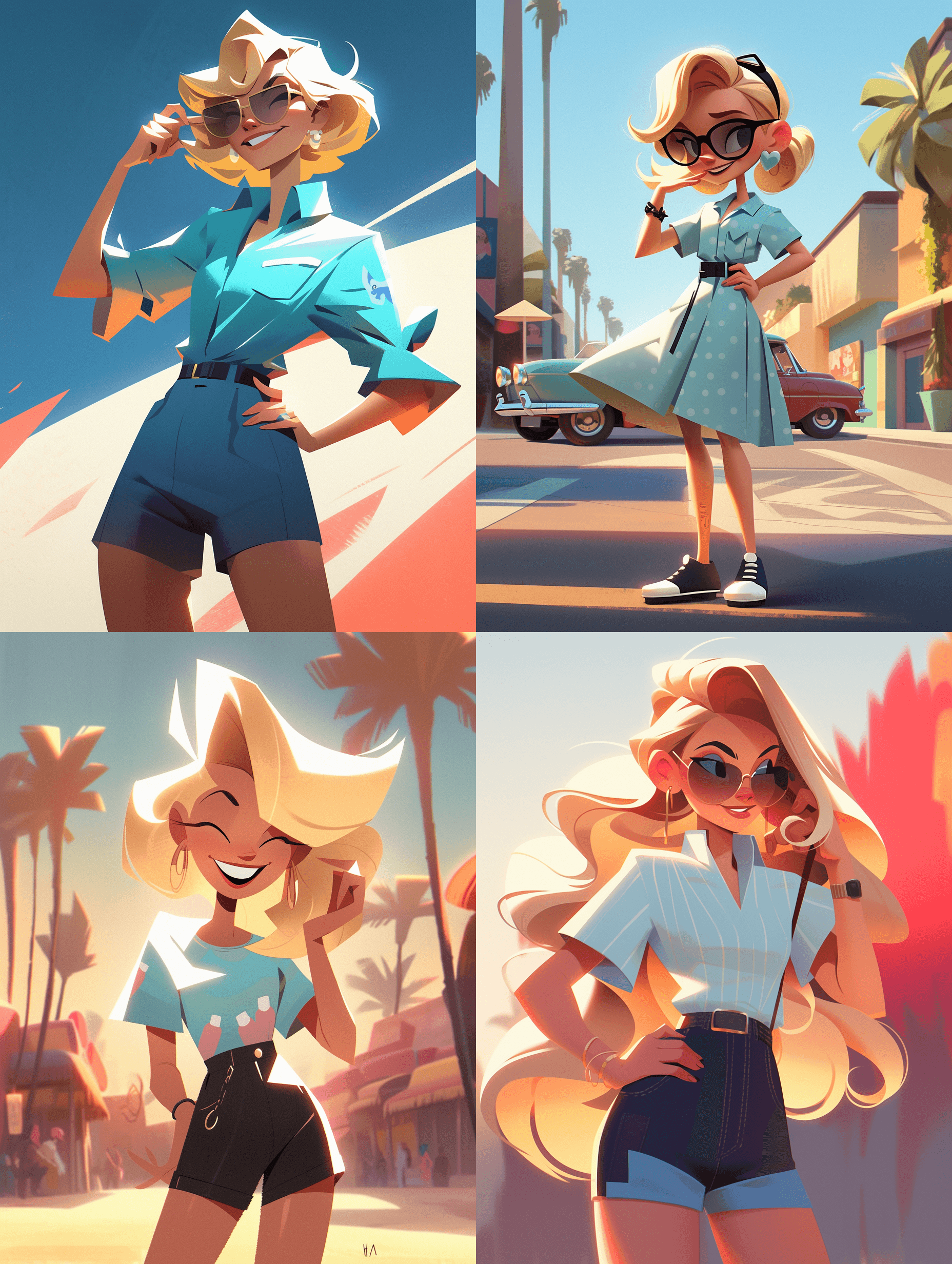 AI generated: a cartoon girl with blonde in shorts., in the style of action-packed cartoons, cyan and beige, tex a...