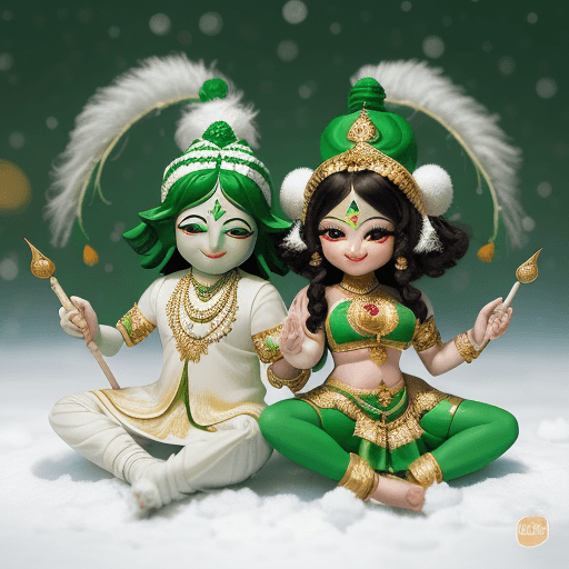 AI generated:  cute little lord shIv parvati figures dressed in traditional Indian attire, one in a green outfit a...