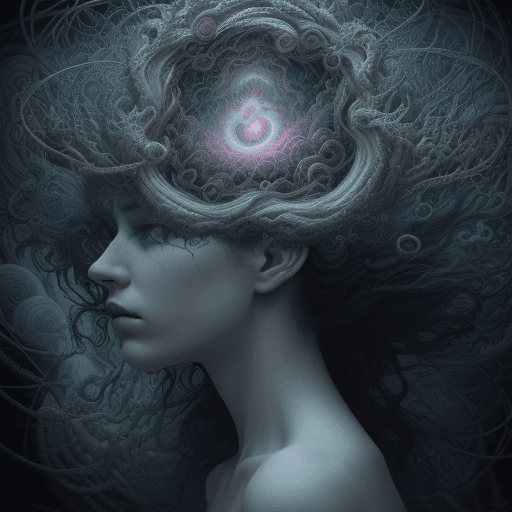 AI generated: A hauntingly vivid image capturing the psyche's chaos: An intricately detailed scene with a person, ...