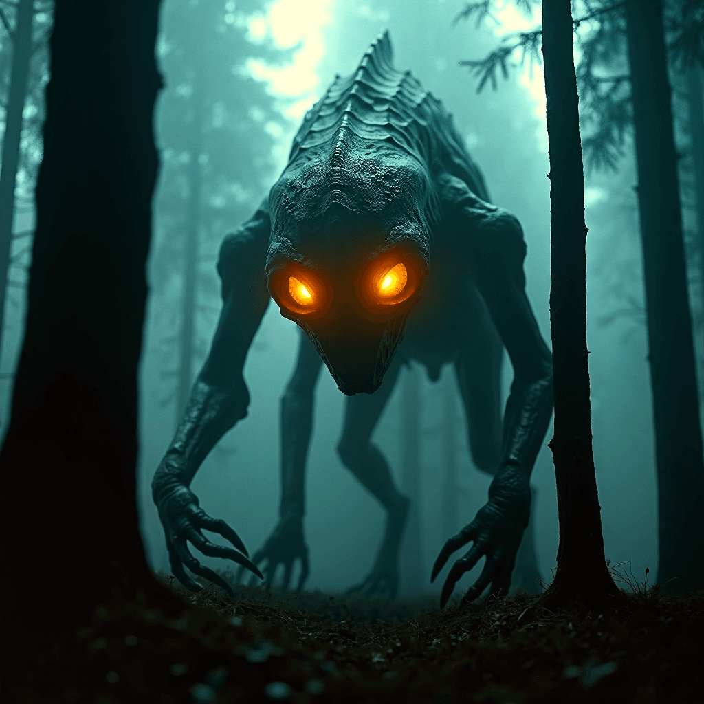 AI generated: (harsh quality solid grain film photography)
Creepy forest monster, glowing orange eyes, glowing at...